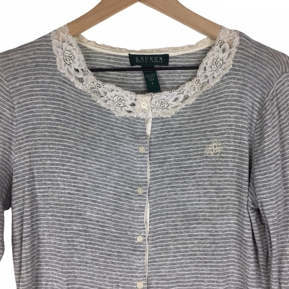 LAUREN RALPH LAUREN Cardigan Top Button Up Stripe Long Sleeve Ribbed Lace Small - Picture 2 of 11